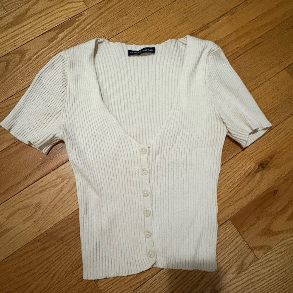 Brandy Melville Cream Ribbed Fitted Blouse - S